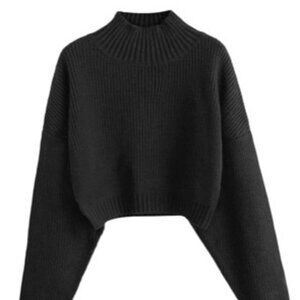 SOLD. Black Cropped Turtleneck with Lantern Sleeves